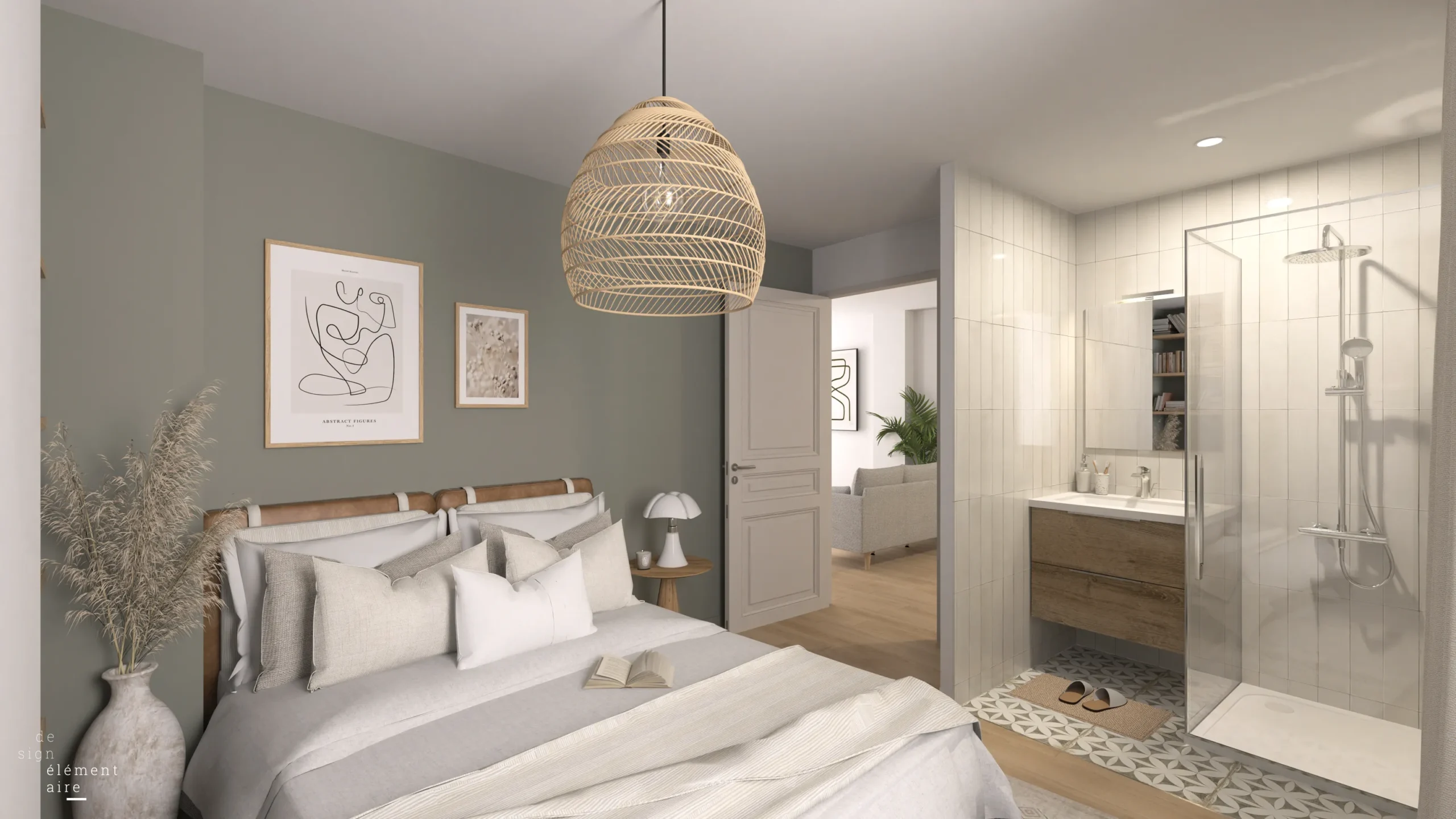 Chambre moderne avec salle de bain dans les tons clairs, avec un parquet clair et une suspension en rotin