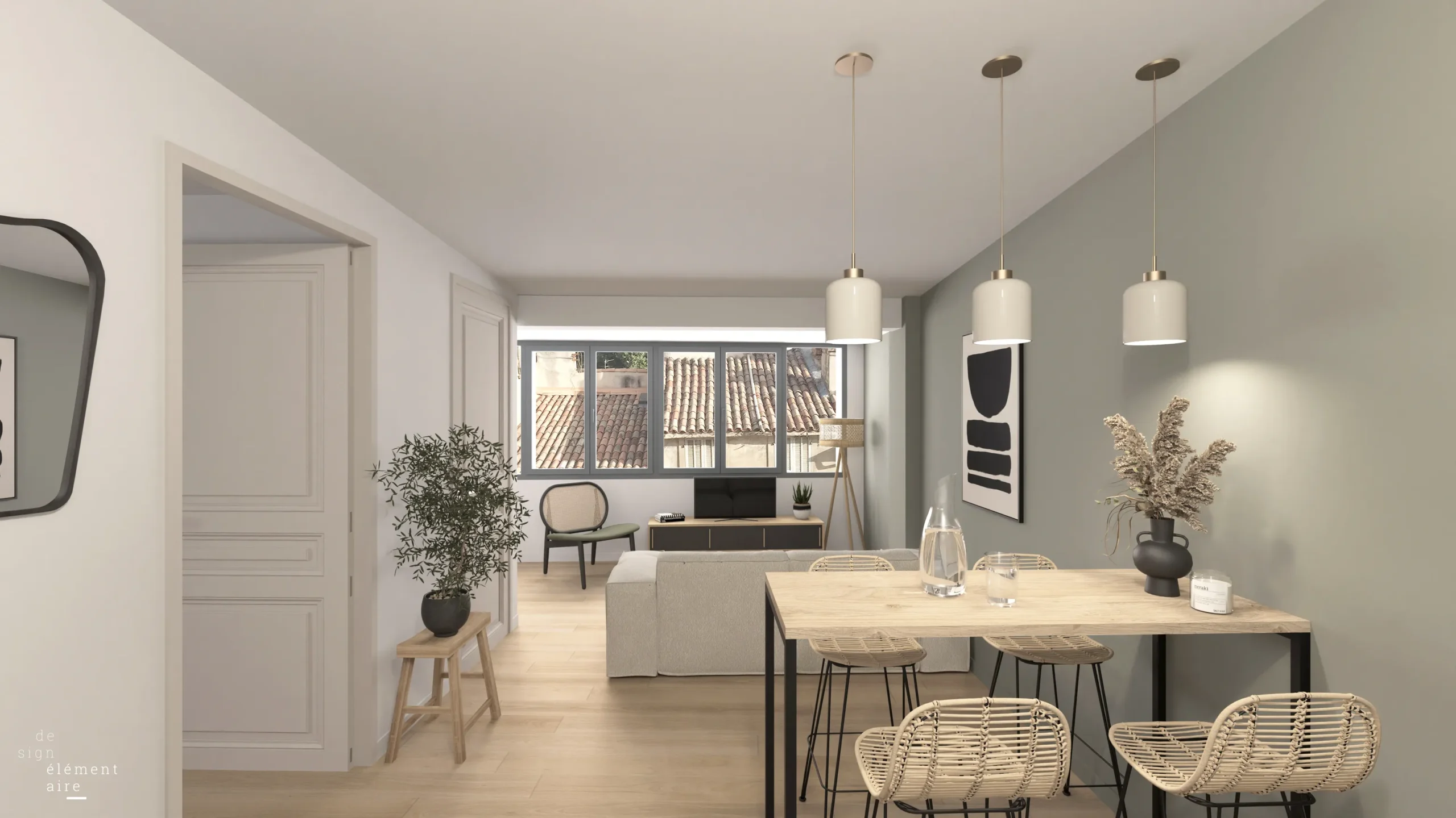 Pièce à vivre avec un parquet clair et une grande fenêtre