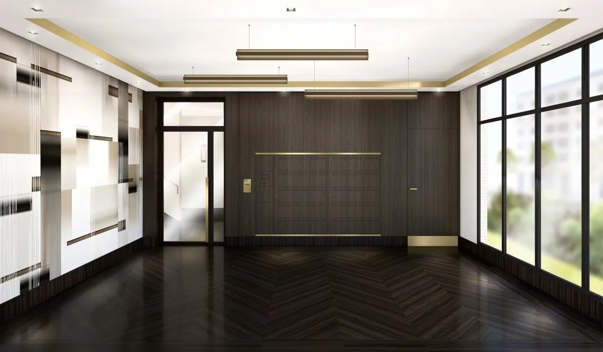Hall d'un immeuble moderne en bois foncé avec grandes fenêtres