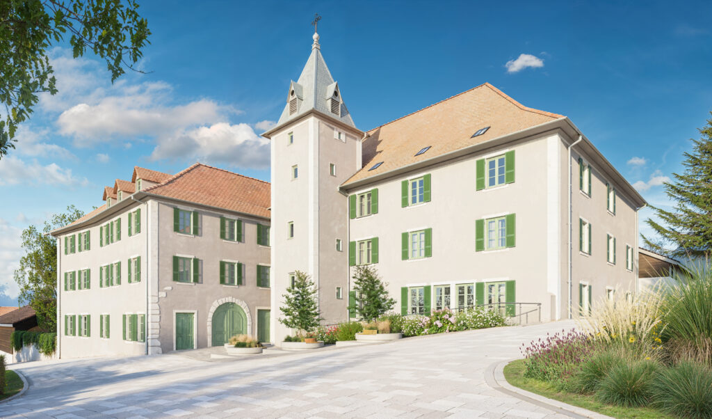 Vue extérieure de la façade de la grande maison à proximité de Genève