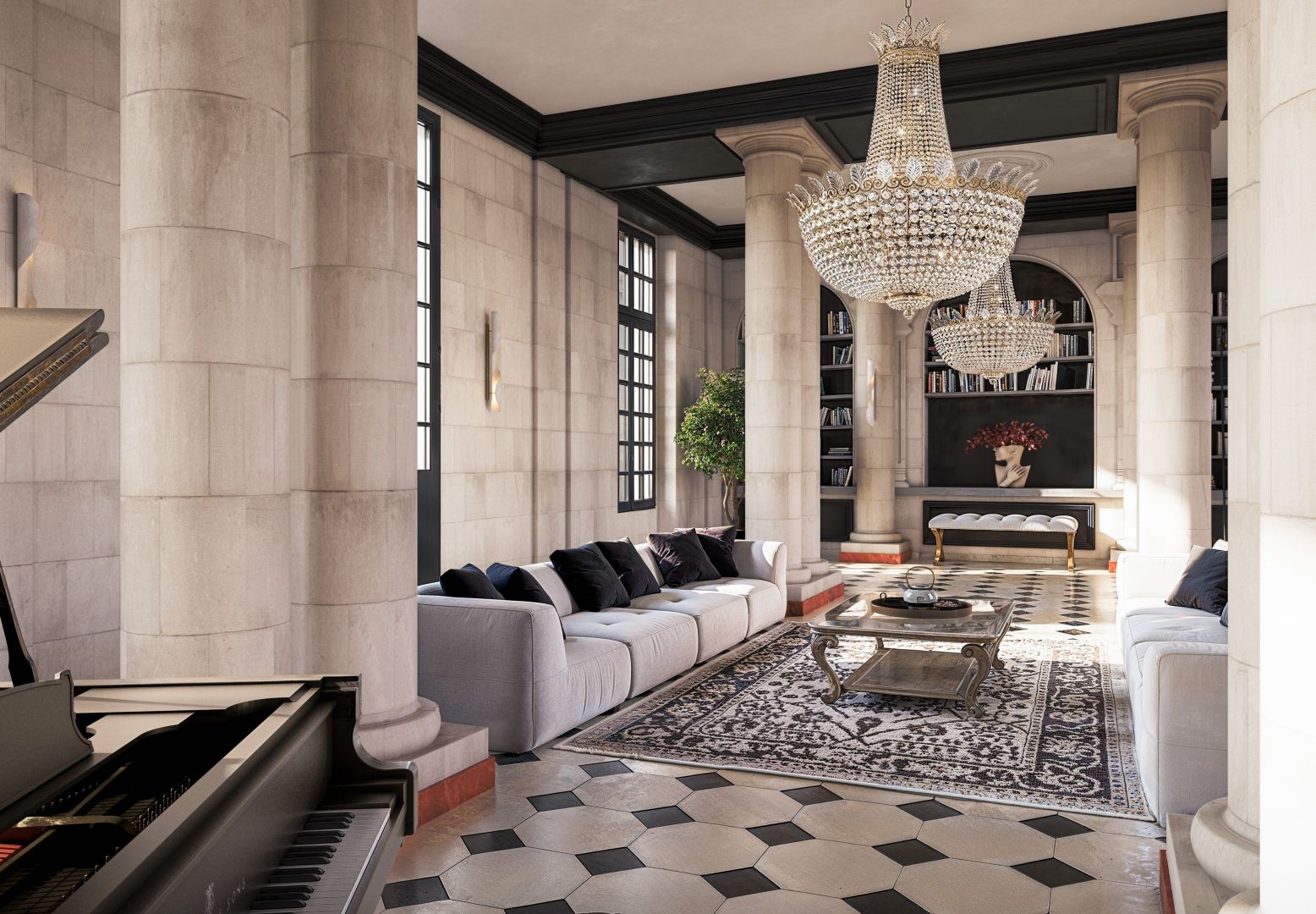 Magnifique salon de caractère du Château de Brou avec un sol noir et blanc et des lustres en cristal imposants